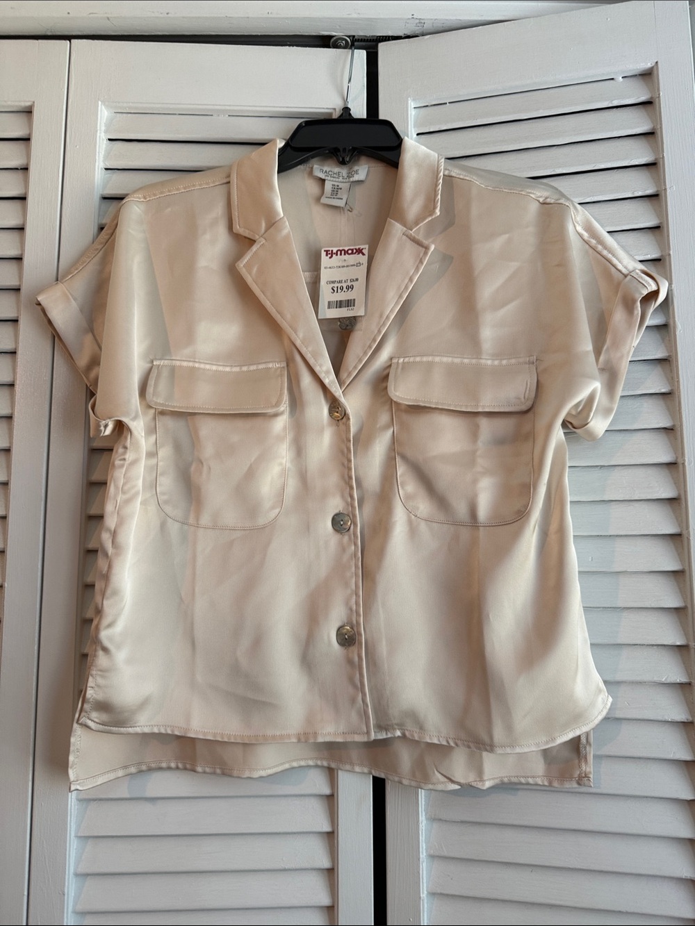 Rachel Zoe Cream Satin Short-Sleeve Button Front Blouse